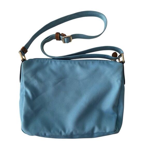 Coach Sawyer Canvas & Tan Leather Crossbody Bag in Blue Jay Front Zipper Pocket - Picture 4 of 16